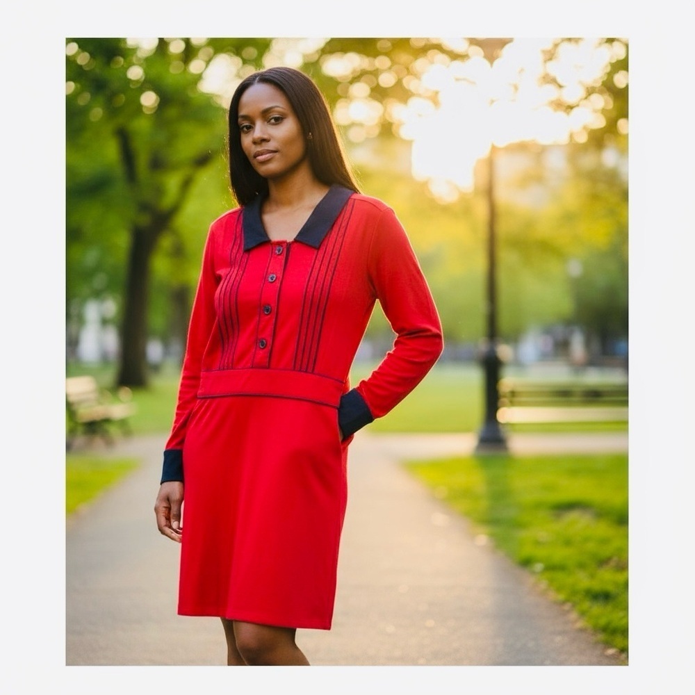 Zapelle Red & Navy Contrast Collar Long Sleeve Button Front Dress L-12